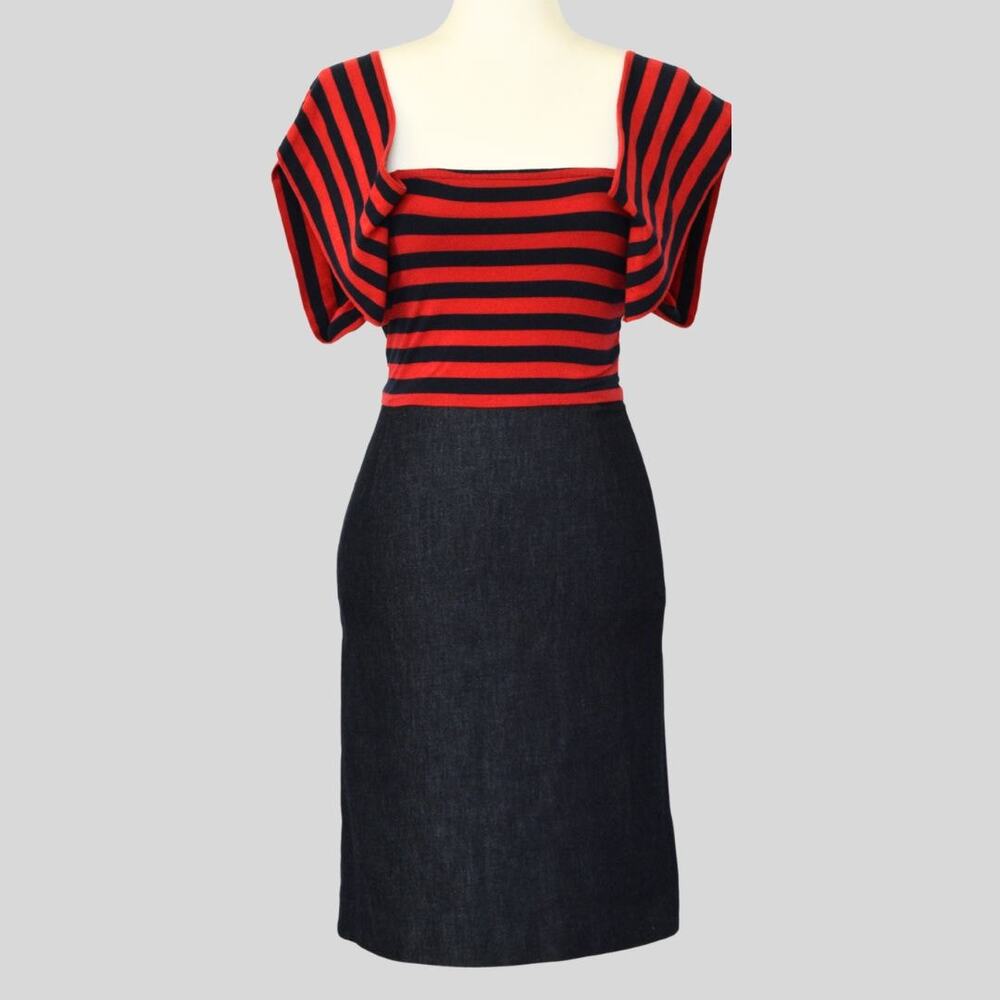 DKNY Women's Striped Top-Denim Bottom Sheath Dress Blue / Red Size 0